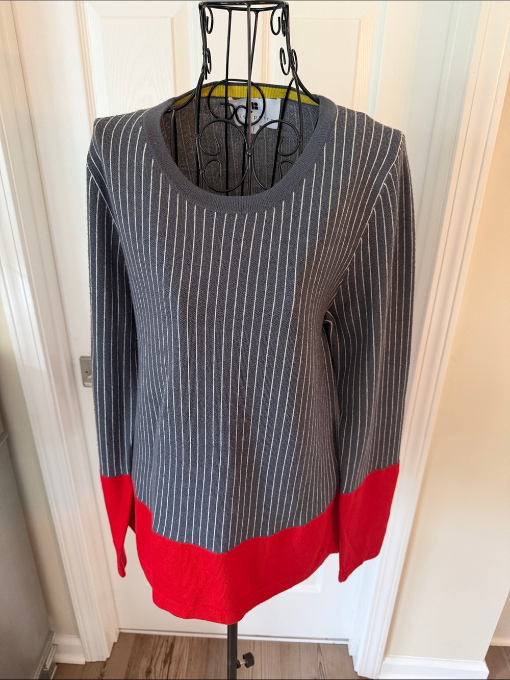 Lisa Perry Gray Pinstripe Crewneck Sweater with Red Contrast Hem